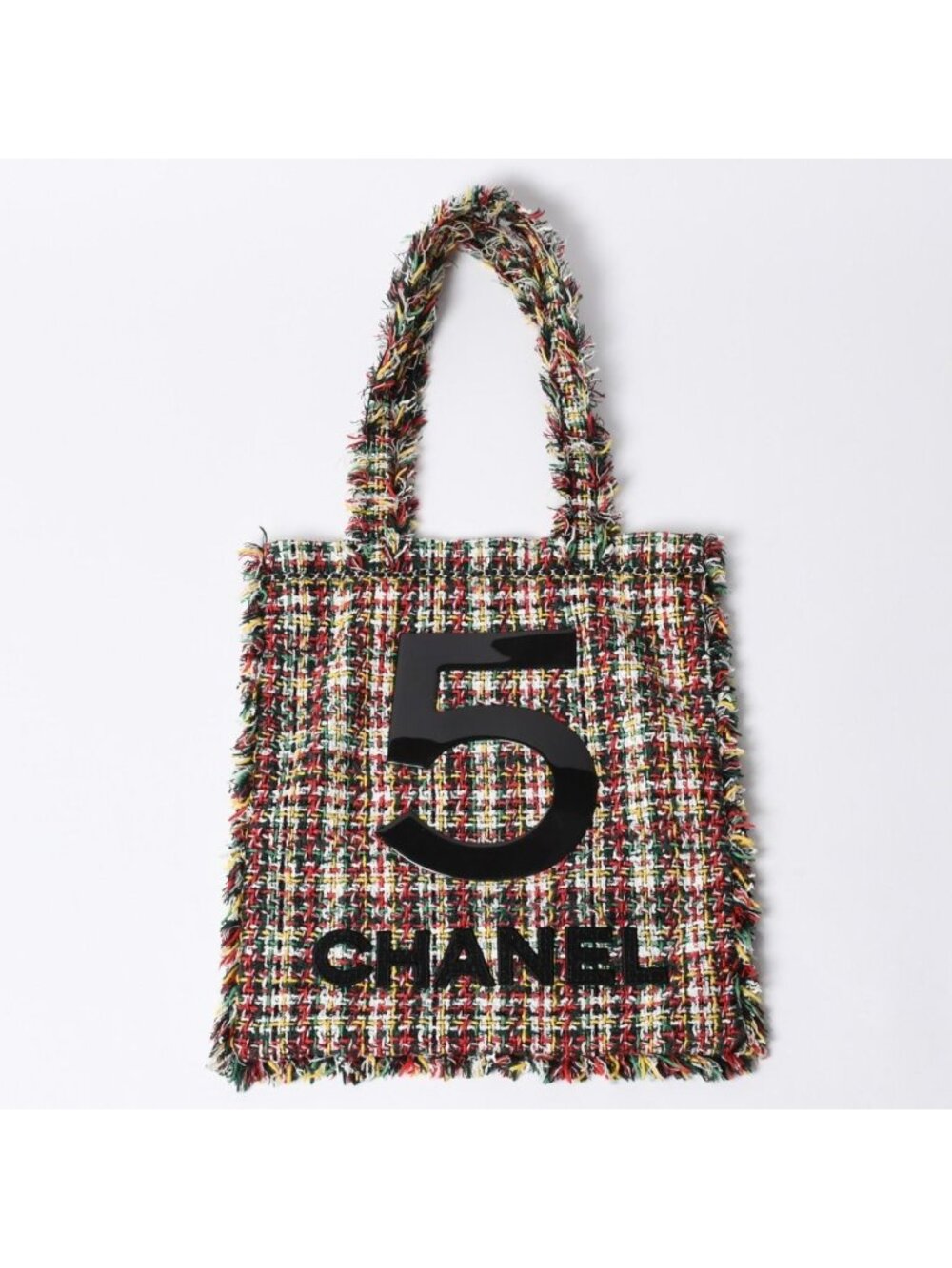 Chanel No 5 Tote Bag CC Logo Patch Tweed Leather Multicolor Silver